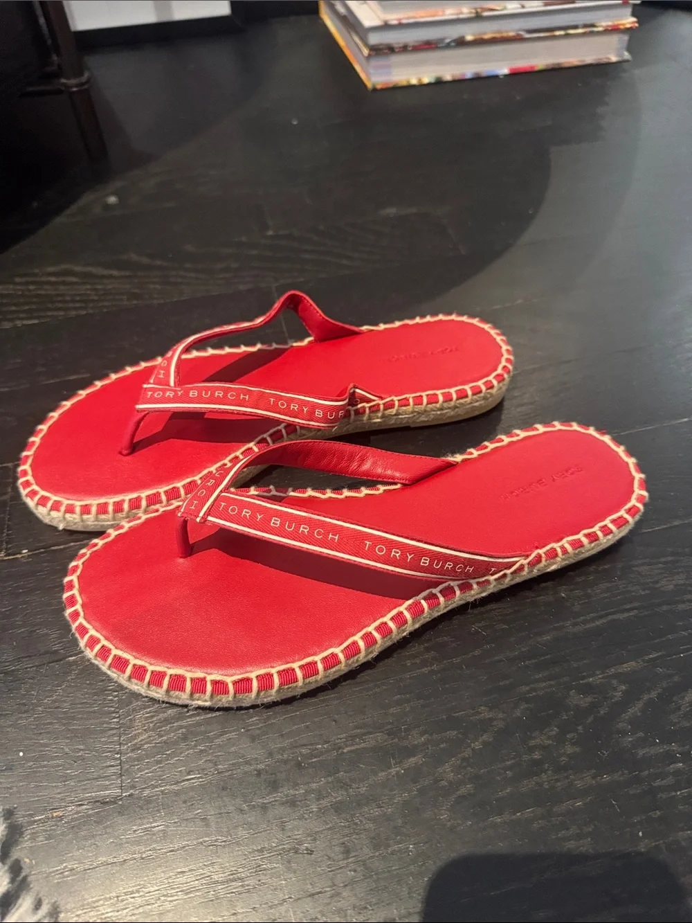 Tory Burch Red Leather Espadrille-Trim Flip Flops
